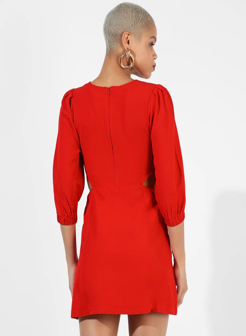PINACOLADA  Women's Scarlet Red Cut-Out Mini Dress For Casual Wear | Round Neck | Quarter Sleeve | Pull On Closure | Dress Designed With Comfort Fit For Woman & Girls for Women | Best Price UAE